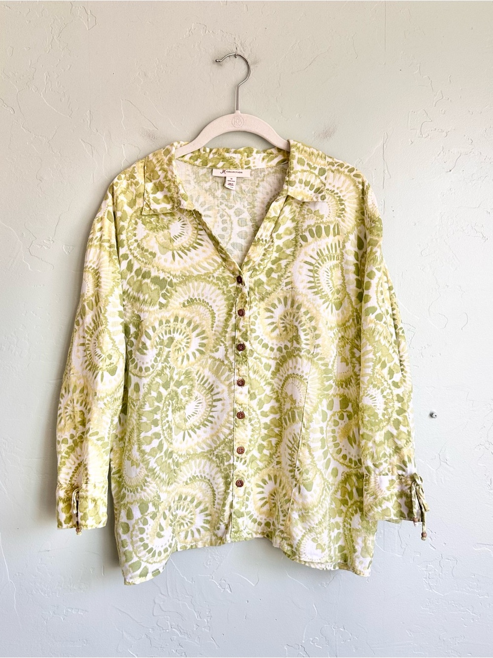 JM Collection Linen Button Up Shirt Green Paisley Swirl Sz 18 Coastal Summer EUC